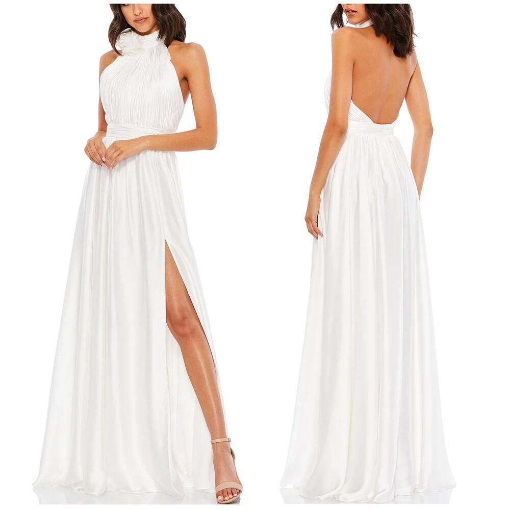 Mac Duggal NWT White Soft Tie Rosette Halter Neck High Slit Gown Size 24 Chiffon